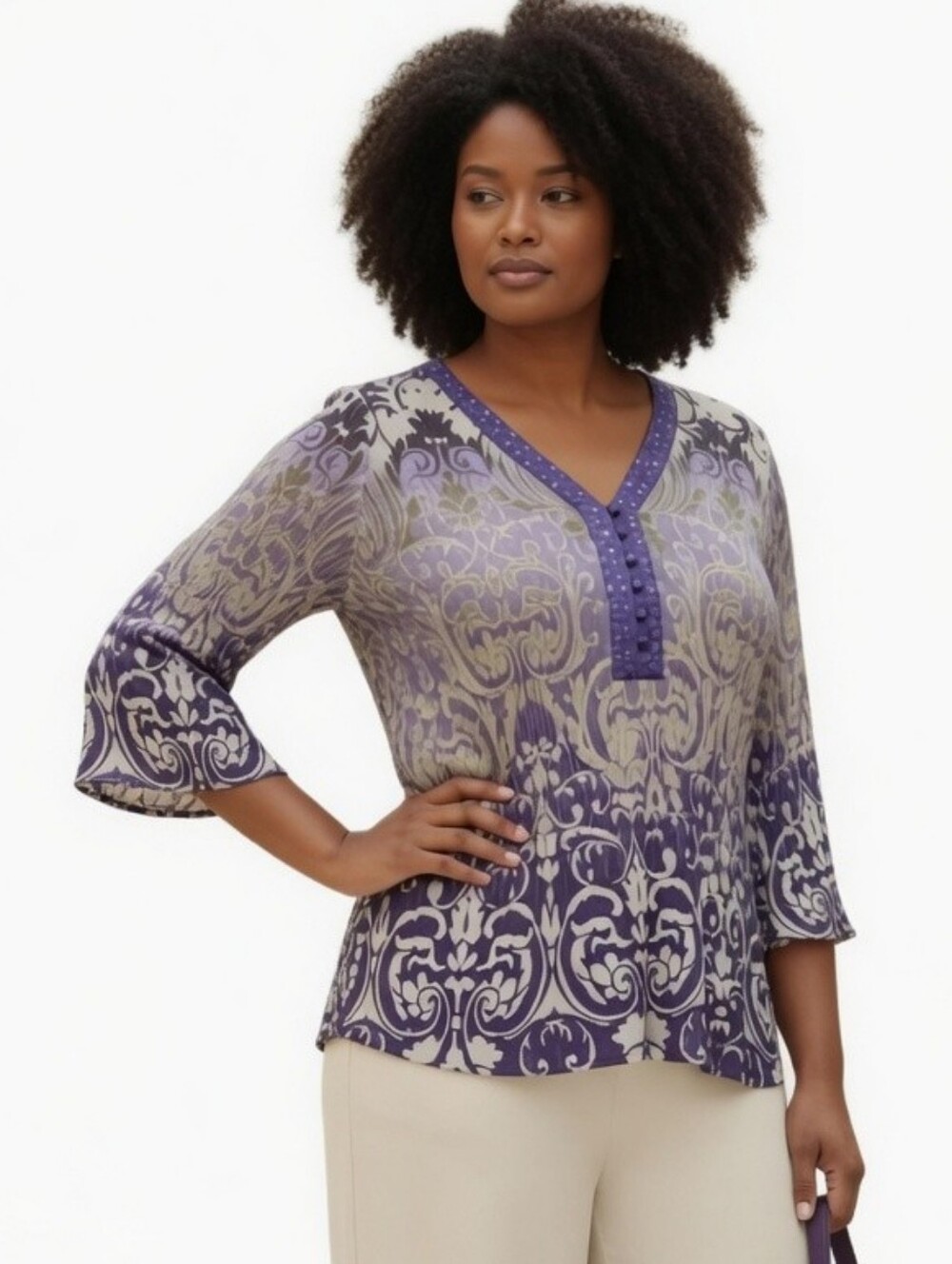 Vintage Embellished Beaded Pleated Purple Flowy Y2K Blouse 3/4 Bell Sleeves
